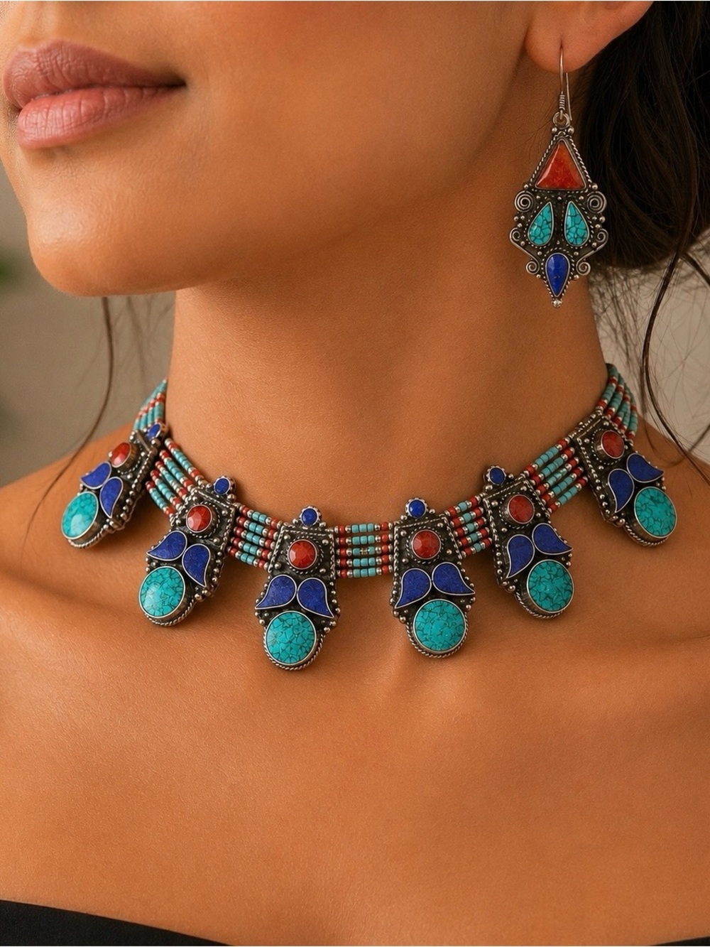 Vintage Statement Set Necklace Earrings Turquoise Lapis Lazuli & Coral Choker